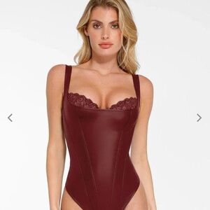 Popilush Red Faux Leather Corset Bodysuit